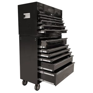 Jimy Tools toolbox black, drawers open from side